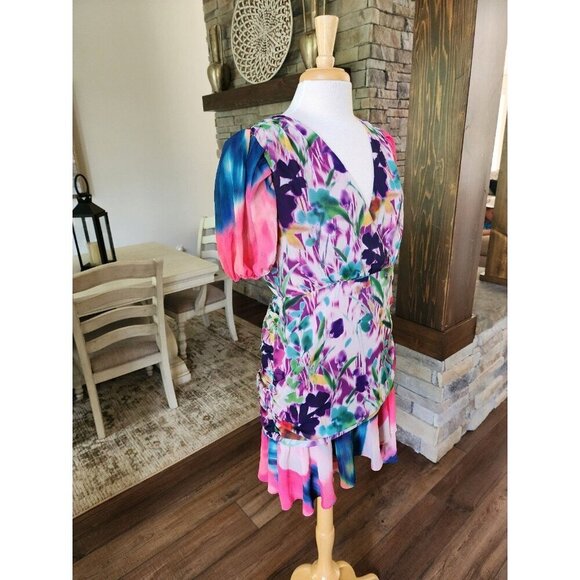 ONE33 SOCIAL - RUCHED FLORAL-PRINT CREPE DE CHINE‎ MINI DRESS - PINK - US 12 - Picture 3 of 10